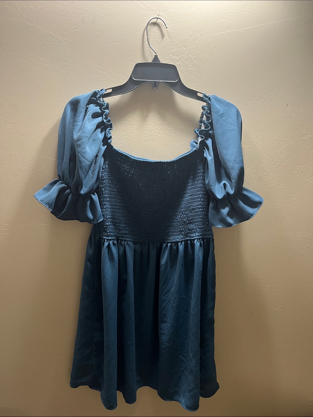 Smocked Puff-Sleeve Dress in Deep Teal